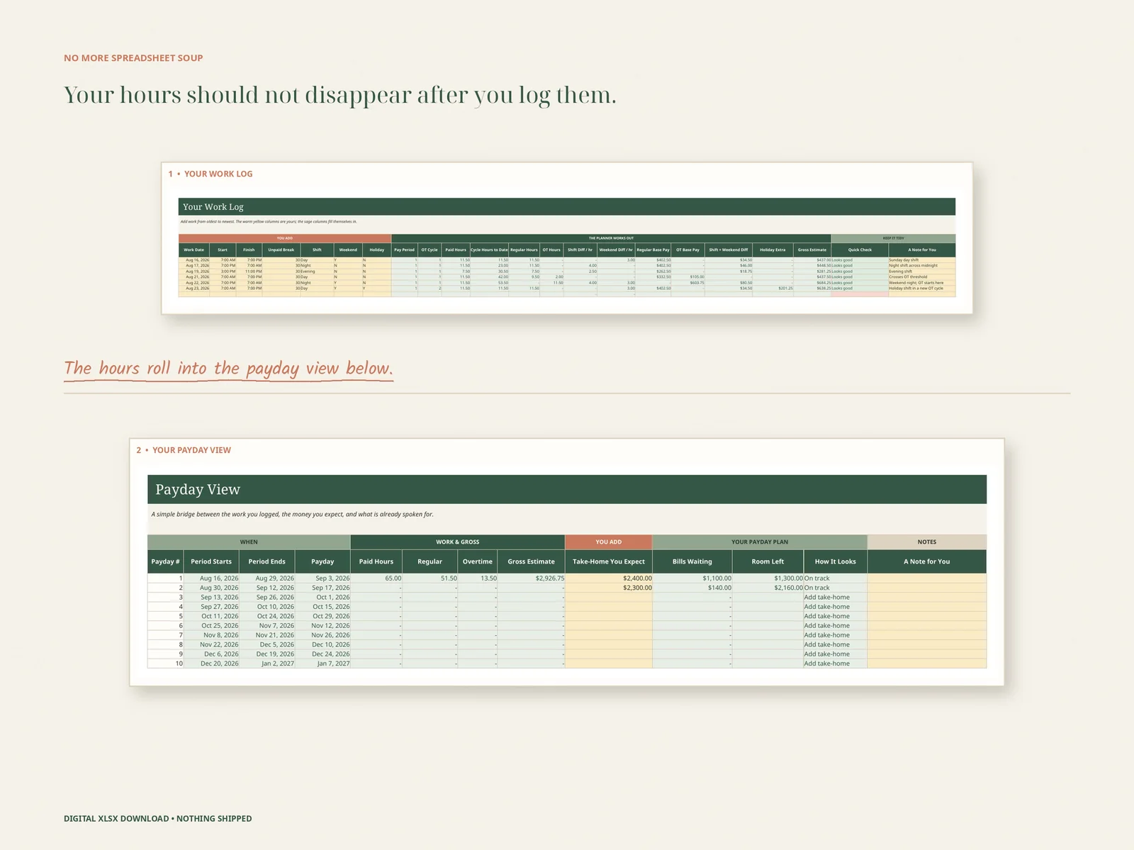 Actual workbook work-log and payday-view workflow