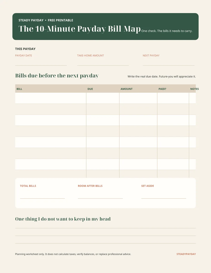 Preview of the free printable payday bill map
