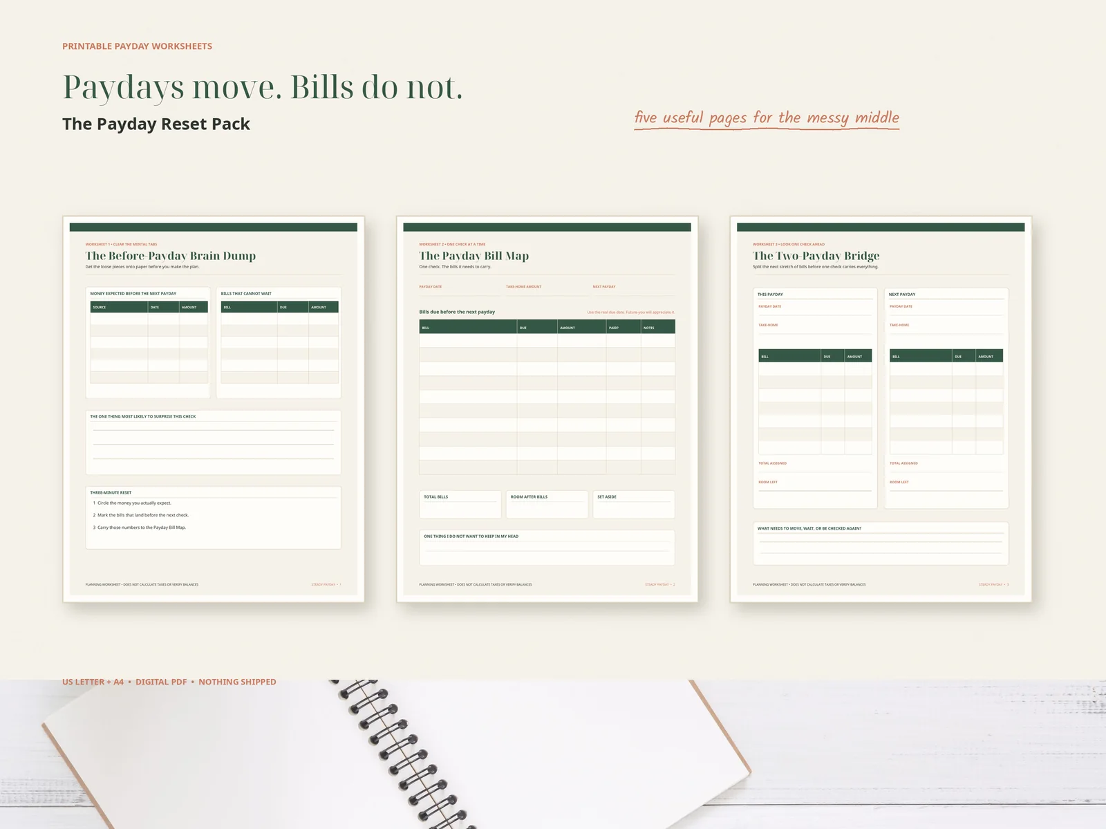 Straight-on previews of three pages from the Payday Reset Pack